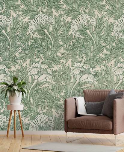 papel pintado floral victoriano blanco y verde