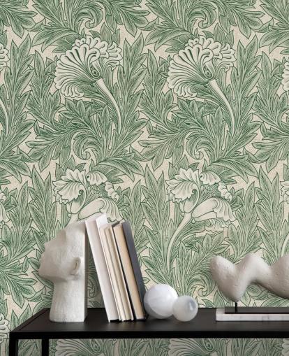 papel pintado floral victoriano blanco y verde