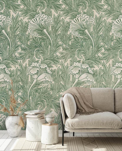 papel pintado floral victoriano blanco y verde