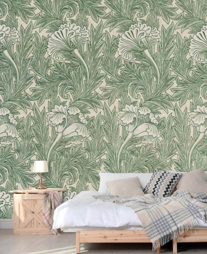 papel pintado floral victoriano blanco y verde