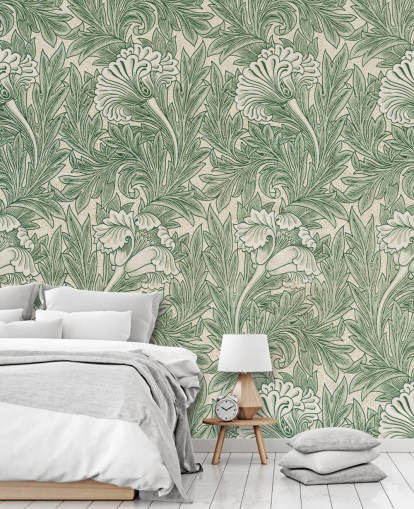 papel de parede floral vitoriano branco e verde