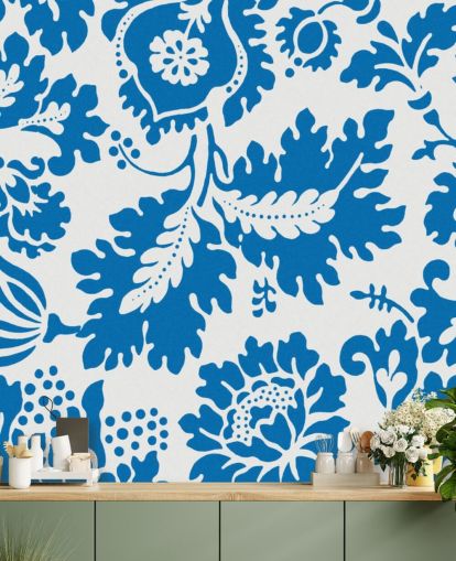papel pintado con estampado floral azul y blanco