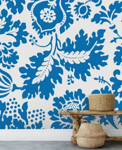 papel de parede padrão floral azul e branco