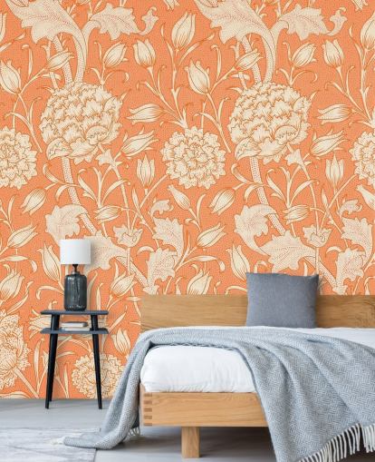 papel pintado floral blanquecino y naranja