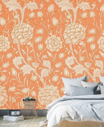 papel pintado floral blanquecino y naranja