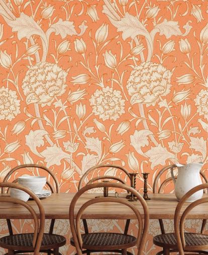 papel pintado floral blanquecino y naranja