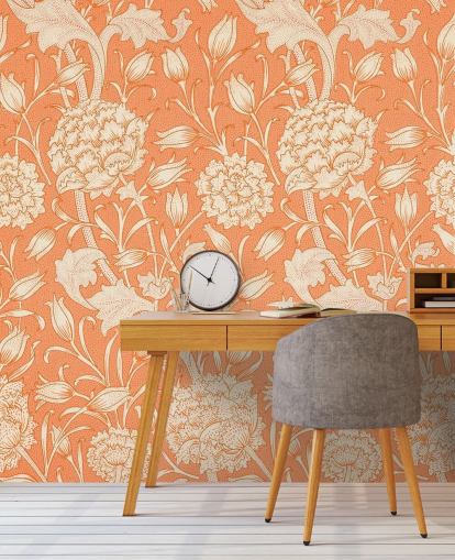 papel pintado floral blanquecino y naranja