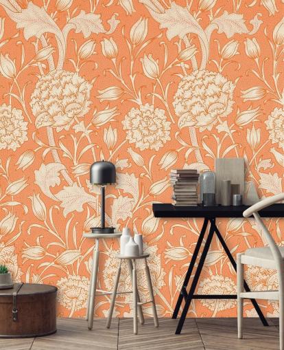 off white and orange floral wallpaper