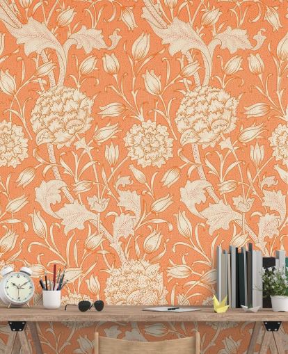 off white and orange floral wallpaper