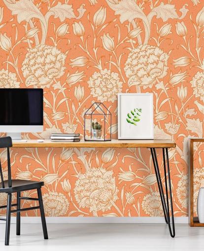 papel pintado floral blanquecino y naranja