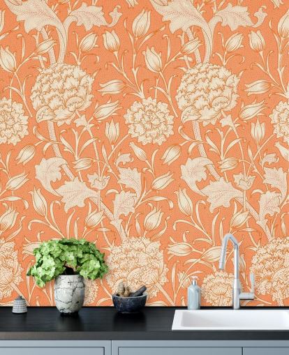 off white and orange floral wallpaper