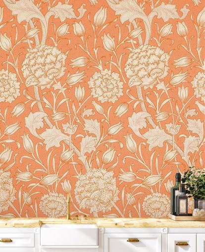 papel de parede floral esbranquiçado e laranja