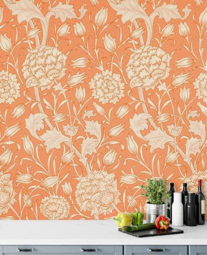 papier peint floral blanc cassé et orange