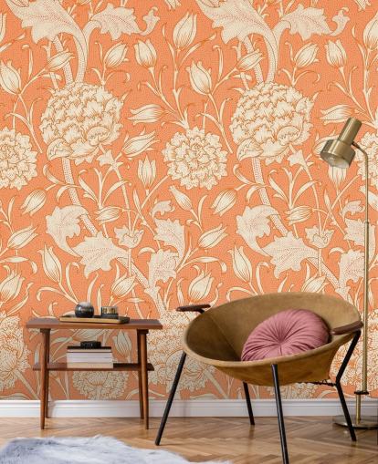 off white and orange floral wallpaper