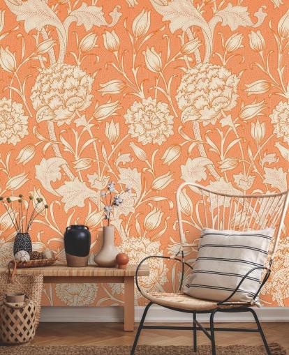 off white and orange floral wallpaper
