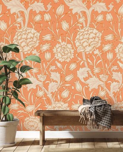 papel pintado floral blanquecino y naranja