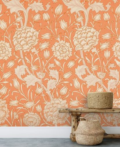 papel pintado floral blanquecino y naranja