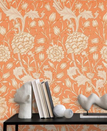 papel pintado floral blanquecino y naranja