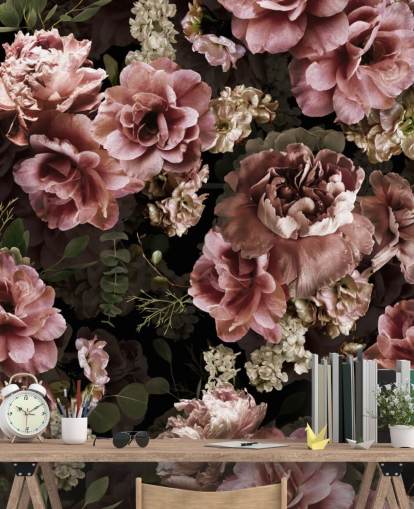 papel pintado floral oscuro rosa polvoriento
