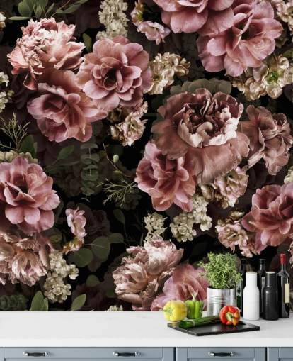 dammig rosa mörk blommig tapet