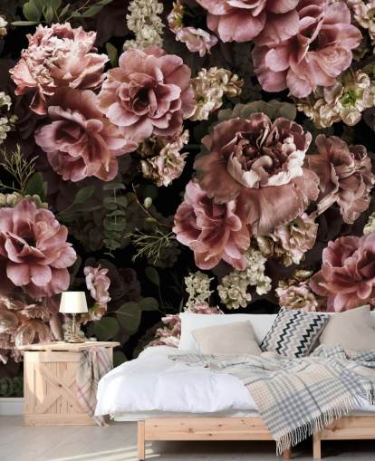 papel de parede floral escuro rosa empoeirado