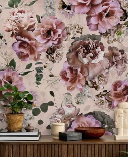 papel pintado floral rosa y morado