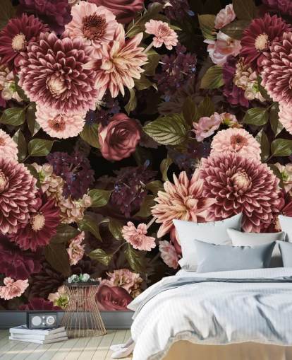 donkerroze bloemenbehang