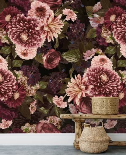 mørk rosa floral tapet