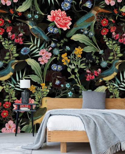 mørke blomster og fugl tapet