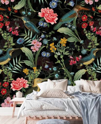 papel pintado floral y pájaro oscuro