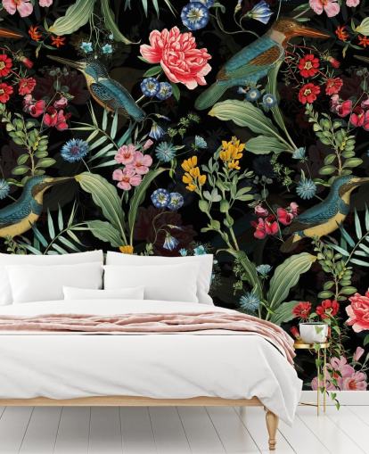 carta da parati con fiori e uccelli scuri