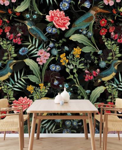 papier peint à fleurs et oiseaux foncé