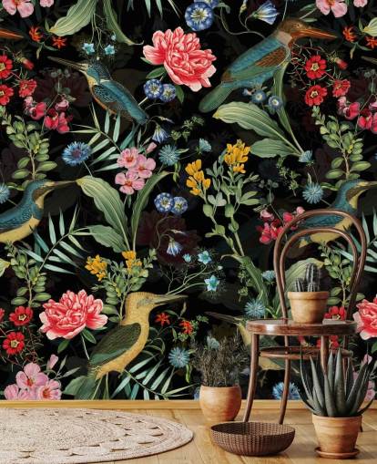 dark floral and bird wallpaper