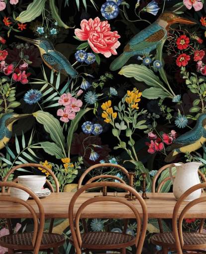 dark floral and bird wallpaper