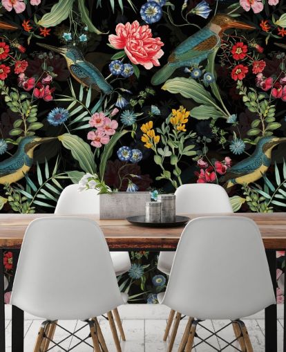 papier peint à fleurs et oiseaux foncé