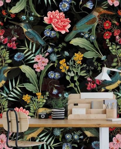dark floral and bird wallpaper