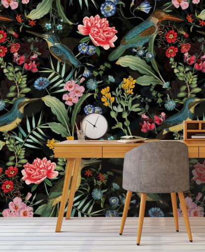 papel de parede floral e pássaro escuro