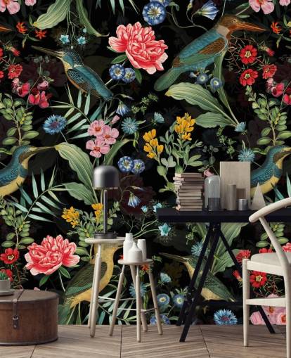 dark floral and bird wallpaper