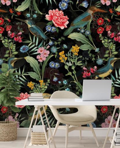 donker bloemen- en vogelbehang