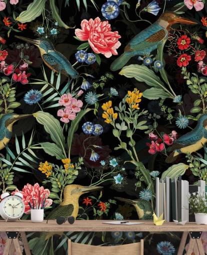 dark floral and bird wallpaper