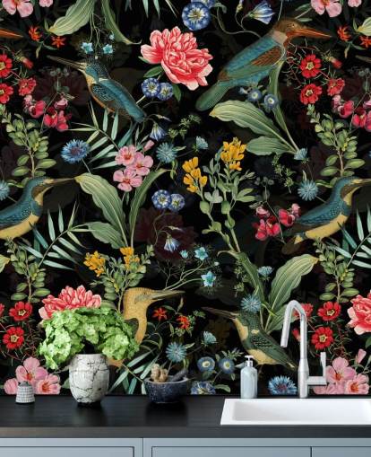 papel de parede floral e pássaro escuro papel de parede floral e pássaro escuro