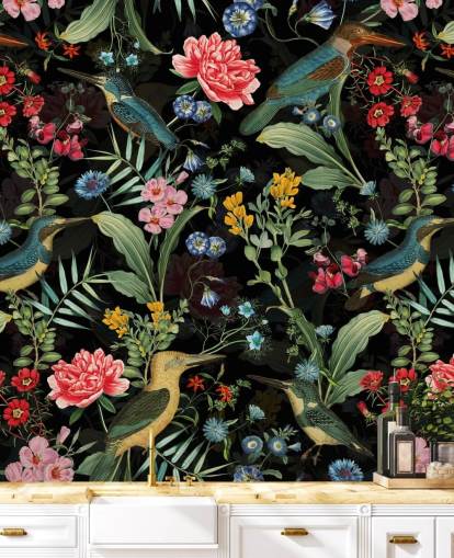 papier peint à fleurs et oiseaux foncé