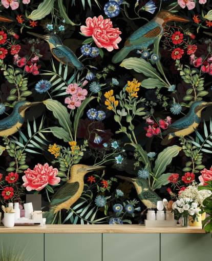 dark floral and bird wallpaper