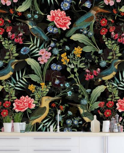 donker bloemen- en vogelbehang donker bloemen- en vogelbehang