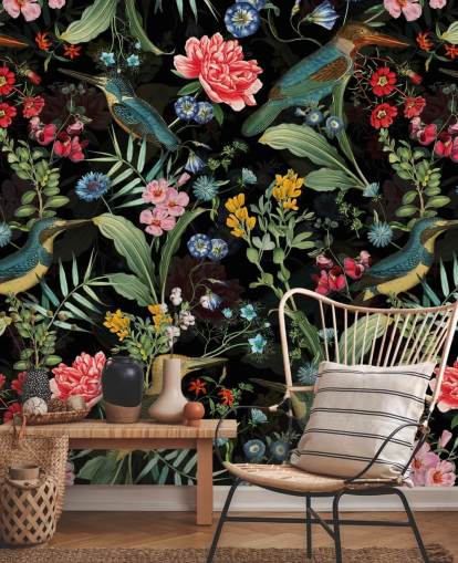 carta da parati con fiori e uccelli scuri