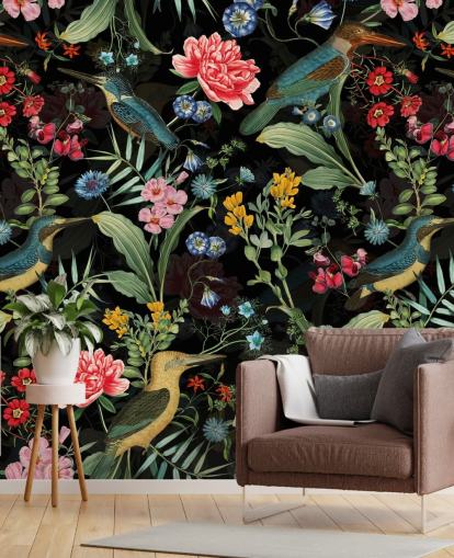 papier peint à fleurs et oiseaux foncé papier peint à fleurs et oiseaux foncé