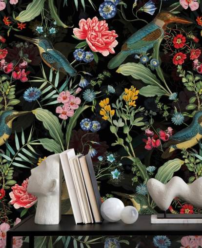 dark floral and bird wallpaper