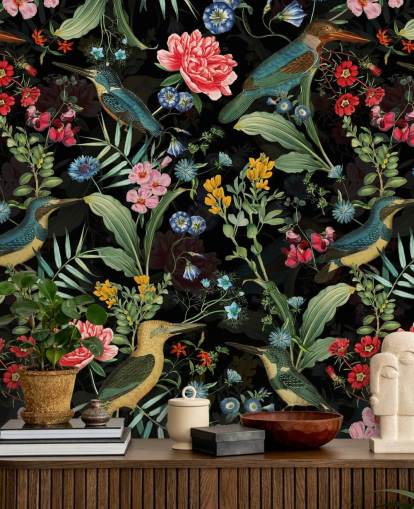papel pintado floral y pájaro oscuro