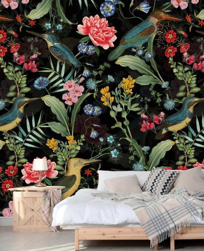 carta da parati con fiori e uccelli scuri