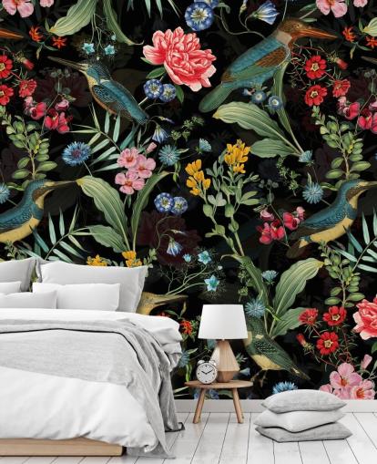 dark floral and bird wallpaper